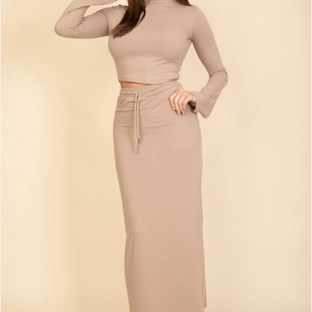 Tan Long Sleeve Crop Top and Maxi Skirt Set